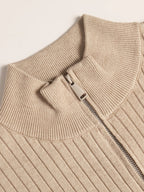 Autumn/Winter New Men's Stand Collar Zipper Design Fashionable Sweater, Knitted Versatile Stretchy Long-Sleeve Pullover with Small Rib Texture, for Home and Commuting, Vintage Men's Top - Apricot